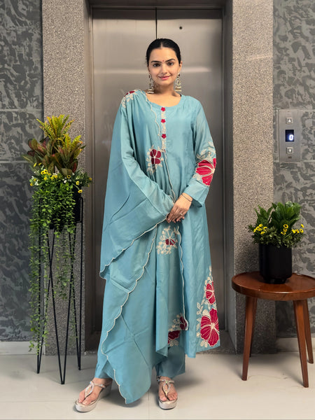 Premium Silk Blend Embroidered Suit Set With Chanderi Dupatta