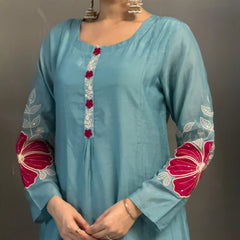 Premium Silk Blend Embroidered Suit Set With Chanderi Dupatta