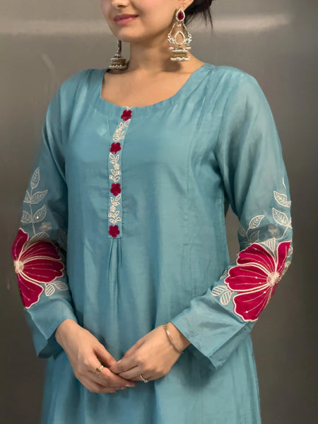 Premium Silk Blend Embroidered Suit Set With Chanderi Dupatta