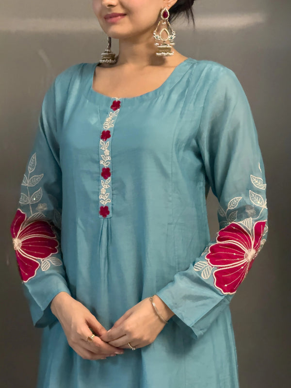 Premium Silk Blend Embroidered Suit Set With Chanderi Dupatta