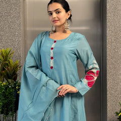 Premium Silk Blend Embroidered Suit Set With Chanderi Dupatta