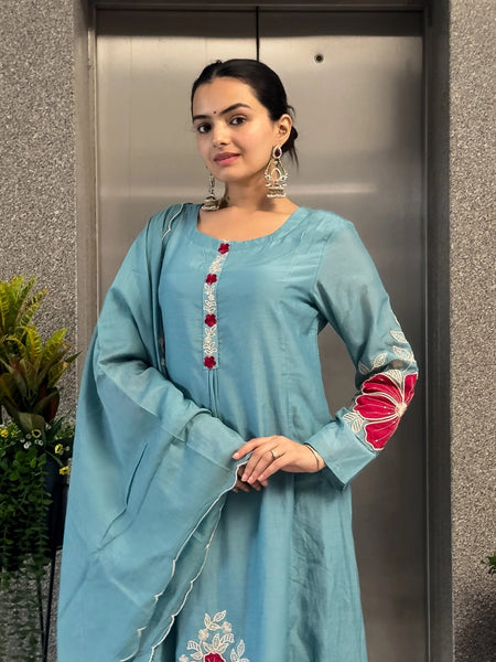 Premium Silk Blend Embroidered Suit Set With Chanderi Dupatta
