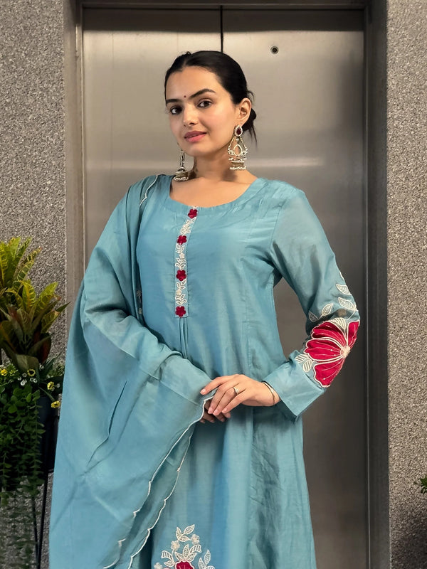 Premium Silk Blend Embroidered Suit Set With Chanderi Dupatta