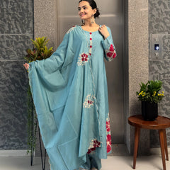 Premium Silk Blend Embroidered Suit Set With Chanderi Dupatta