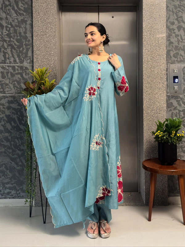 Premium Silk Blend Embroidered Suit Set With Chanderi Dupatta