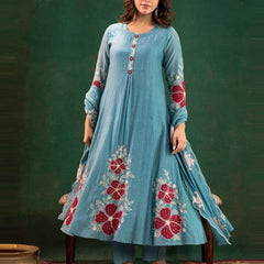 Premium Silk Blend Embroidered Suit Set With Chanderi Dupatta