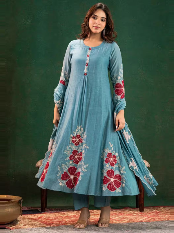 Premium Silk Blend Embroidered Suit Set With Chanderi Dupatta