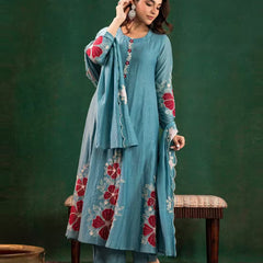 Premium Silk Blend Embroidered Suit Set With Chanderi Dupatta