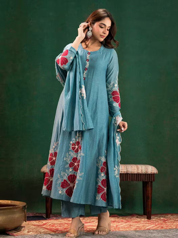 Premium Silk Blend Embroidered Suit Set With Chanderi Dupatta