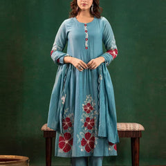 Premium Silk Blend Embroidered Suit Set With Chanderi Dupatta