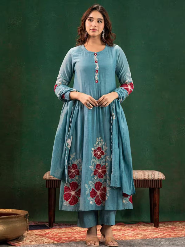 Premium Silk Blend Embroidered Suit Set With Chanderi Dupatta