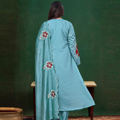 Premium Silk Blend Embroidered Suit Set With Chanderi Dupatta