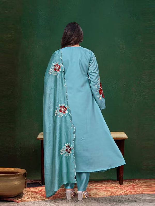 Premium Silk Blend Embroidered Suit Set With Chanderi Dupatta