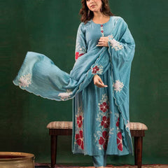 Premium Silk Blend Embroidered Suit Set With Chanderi Dupatta