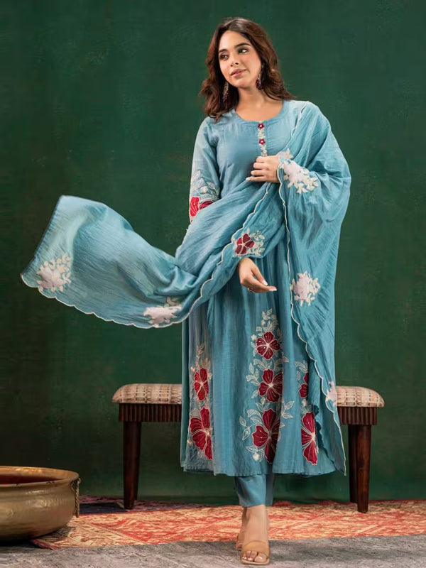 Premium Silk Blend Embroidered Suit Set With Chanderi Dupatta