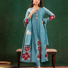 Premium Silk Blend Embroidered Suit Set With Chanderi Dupatta