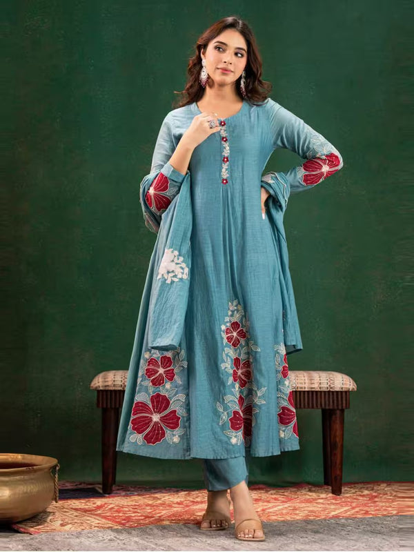 Premium Silk Blend Embroidered Suit Set With Chanderi Dupatta