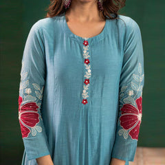 Premium Silk Blend Embroidered Suit Set With Chanderi Dupatta