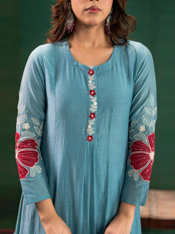 Premium Silk Blend Embroidered Suit Set With Chanderi Dupatta