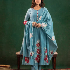 Premium Silk Blend Embroidered Suit Set With Chanderi Dupatta