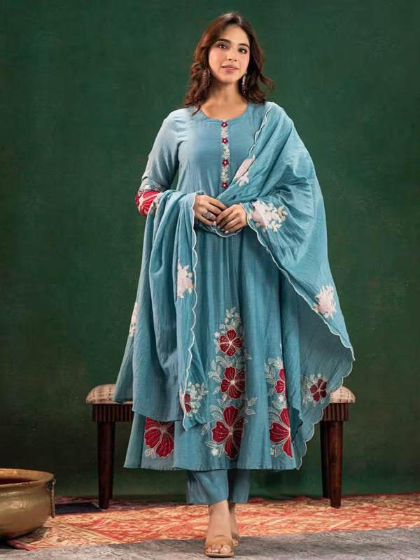 Premium Silk Blend Embroidered Suit Set With Chanderi Dupatta