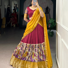 Women's Tusser Silk Floral Print Lehenga Choli with Foil Work & Georgette Dupatta
