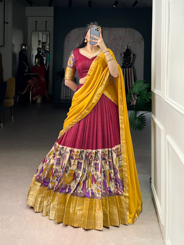 Women's Tusser Silk Floral Print Lehenga Choli with Foil Work & Georgette Dupatta