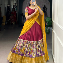 Women's Tusser Silk Floral Print Lehenga Choli with Foil Work & Georgette Dupatta