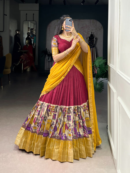 Women's Tusser Silk Floral Print Lehenga Choli with Foil Work & Georgette Dupatta