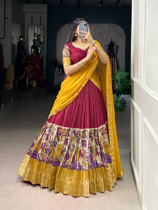 Women's Tusser Silk Floral Print Lehenga Choli with Foil Work & Georgette Dupatta