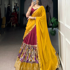 Women's Tusser Silk Floral Print Lehenga Choli with Foil Work & Georgette Dupatta