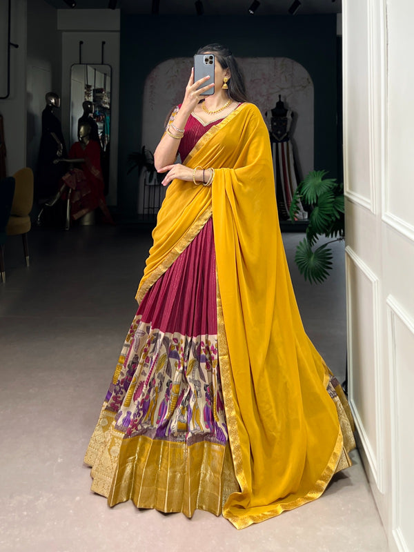 Women's Tusser Silk Floral Print Lehenga Choli with Foil Work & Georgette Dupatta
