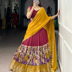 Women's Tusser Silk Floral Print Lehenga Choli with Foil Work & Georgette Dupatta