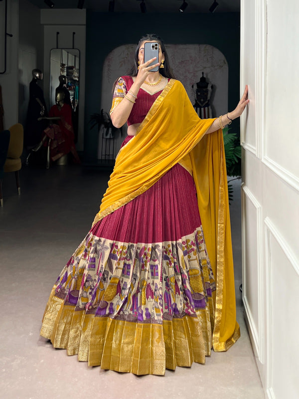 Women's Tusser Silk Floral Print Lehenga Choli with Foil Work & Georgette Dupatta