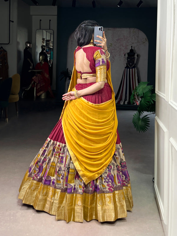 Women's Tusser Silk Floral Print Lehenga Choli with Foil Work & Georgette Dupatta