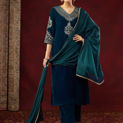 Women's Heavy Velvet Embroidered Kurta Pant & Chinnon Silk Dupatta Set