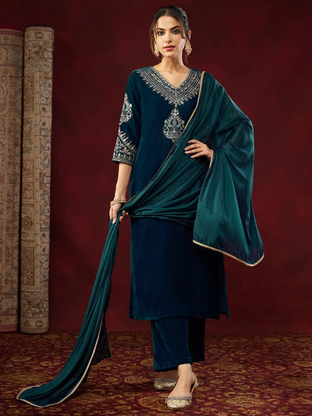Women's Heavy Velvet Embroidered Kurta Pant & Chinnon Silk Dupatta Set