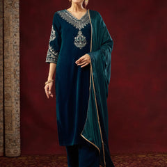 Women's Heavy Velvet Embroidered Kurta Pant & Chinnon Silk Dupatta Set