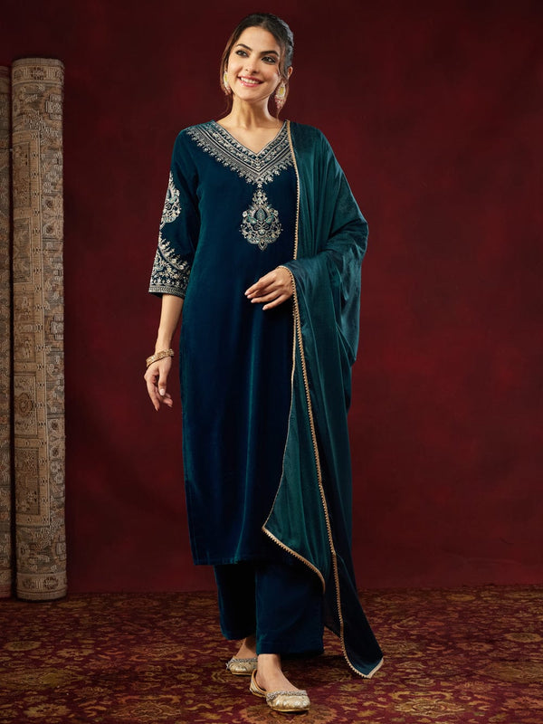 Women's Heavy Velvet Embroidered Kurta Pant & Chinnon Silk Dupatta Set