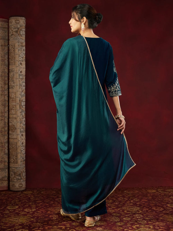 Women's Heavy Velvet Embroidered Kurta Pant & Chinnon Silk Dupatta Set