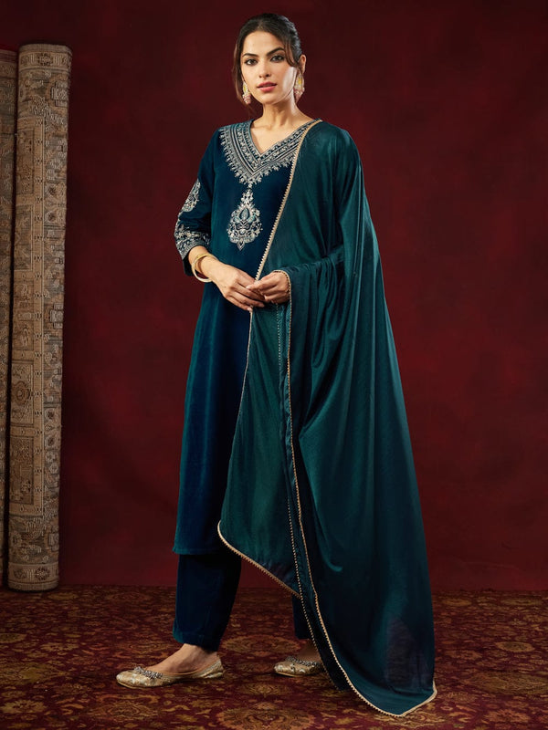 Women's Heavy Velvet Embroidered Kurta Pant & Chinnon Silk Dupatta Set
