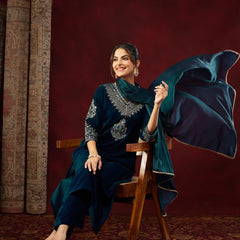 Women's Heavy Velvet Embroidered Kurta Pant & Chinnon Silk Dupatta Set