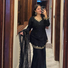 Women's Embroidered Silk Crepe Kurti Palazzo Set With Dupatta
