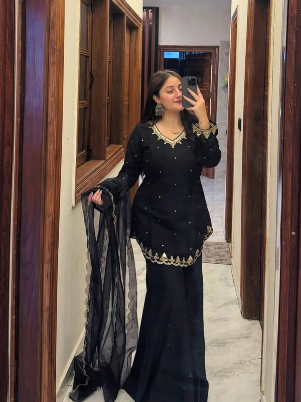Women's Embroidered Silk Crepe Kurti Palazzo Set With Dupatta