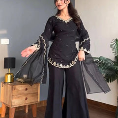 Women's Embroidered Silk Crepe Kurti Palazzo Set With Dupatta