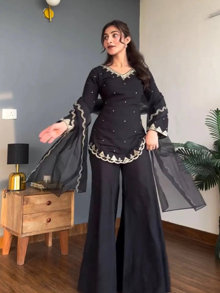Women's Embroidered Silk Crepe Kurti Palazzo Set With Dupatta