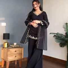 Women's Embroidered Silk Crepe Kurti Palazzo Set With Dupatta