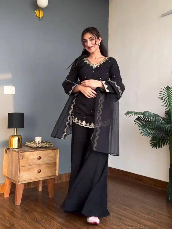 Women's Embroidered Silk Crepe Kurti Palazzo Set With Dupatta