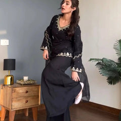 Women's Embroidered Silk Crepe Kurti Palazzo Set With Dupatta