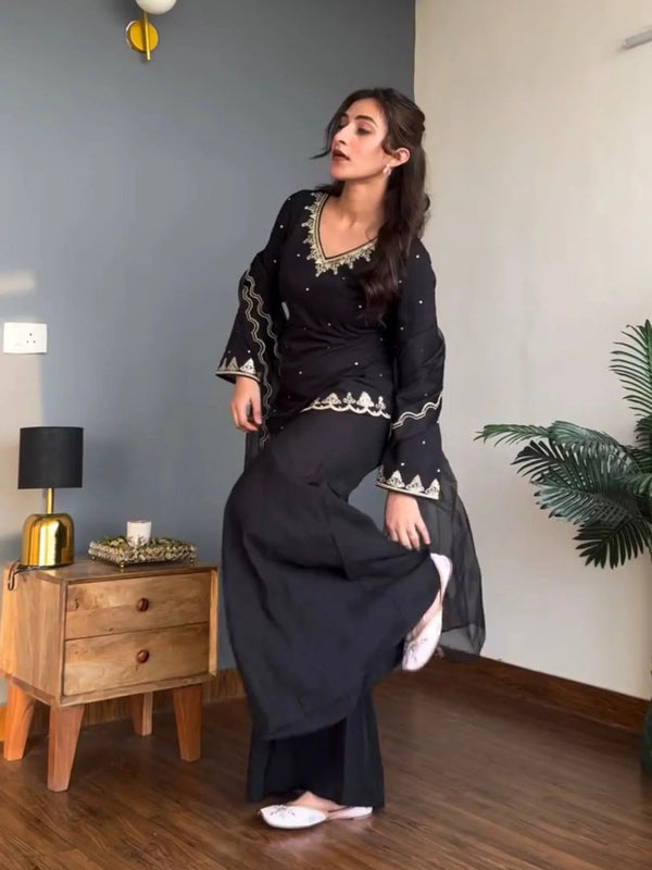 Women's Embroidered Silk Crepe Kurti Palazzo Set With Dupatta